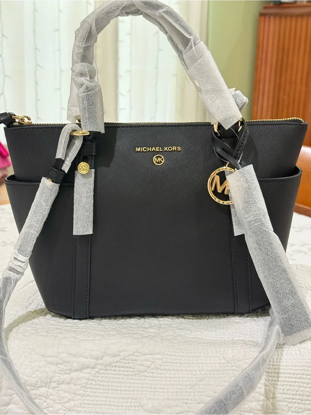 New Michael Kors Black Saffiano Tote with Gold Logo Charm